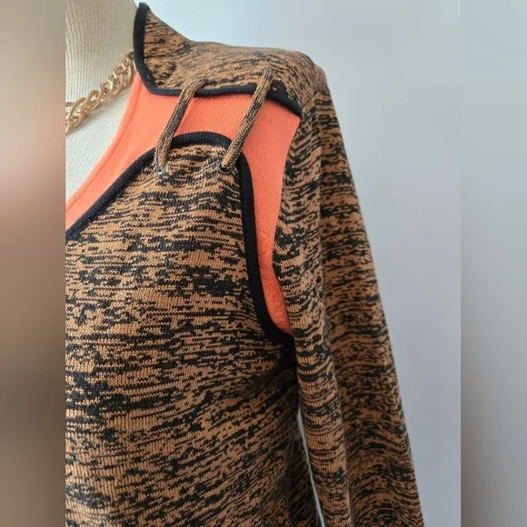 JAIMIE SADOCK Silk/ Cotton Mock Neck Brown/Black/Peach Top. Size Small - Picture 3 of 9